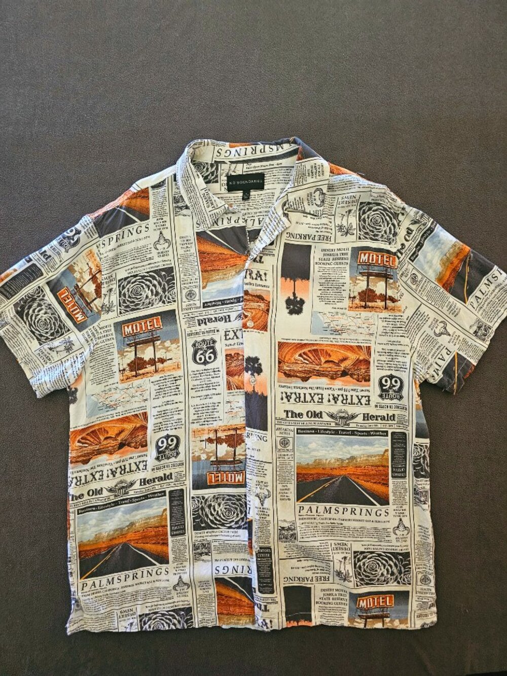 No Boundaries Shirt Mens XL Route 66 Palm Springs Newspaper Print Rayon Button U